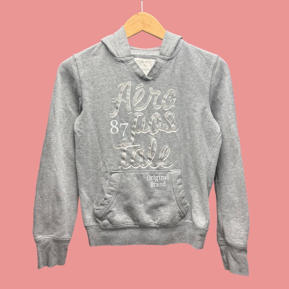 Aeropostale Womens Grey Glitter Logo Pullover Hoodie V-Neck Sweatshirt Size M